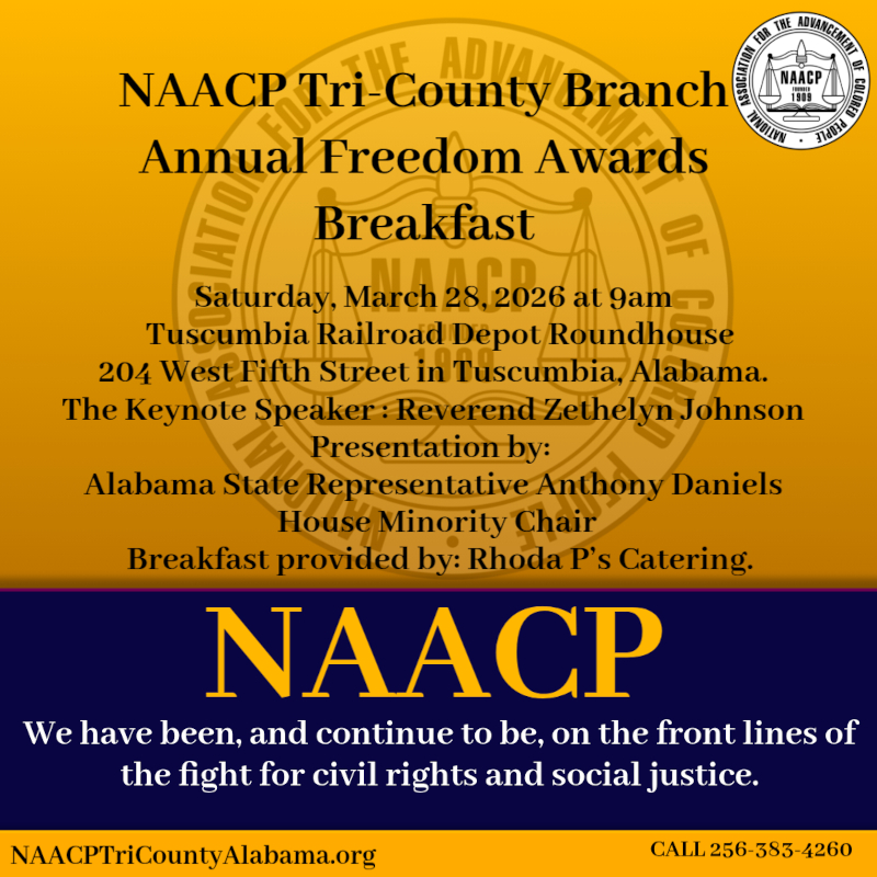 NAACP Tri-County Branch Annunal Freedom Awards Breakfast - March 28, 9am at the Tuscumbia Railroad Depot Roundhouse